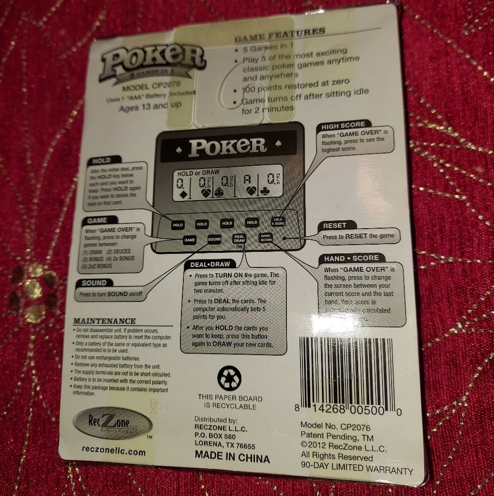 2012 REC ZONE HANDHELD ELECTRONIC POKER GAME BNWT Still Sealed in Package!
